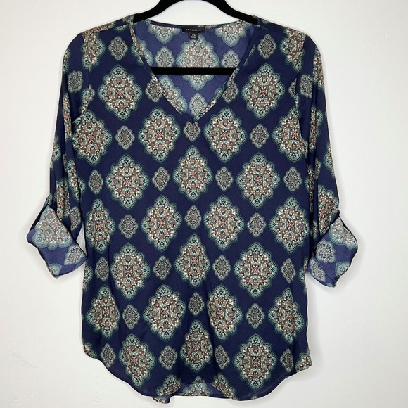 Ann Taylor Tops - Ann Taylor V-Neck Tunic Roll Tab Long Sleeve Graphic Navy Blouse Size XS